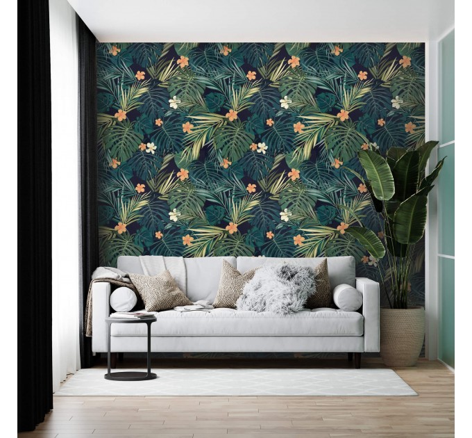 Dark tropical wallpaper exotic flowers and leaves Peel and stick removable or Traditional accent wallpaper