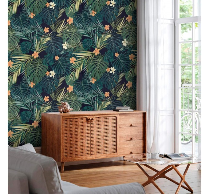 Dark tropical wallpaper exotic flowers and leaves Peel and stick removable or Traditional accent wallpaper