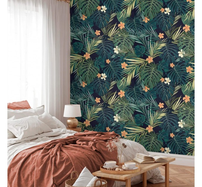 Dark tropical wallpaper exotic flowers and leaves Peel and stick removable or Traditional accent wallpaper