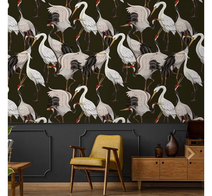 Dark wallpaper withh cranes Japanese style Peel and stick removable or Traditional wallpaper non woven