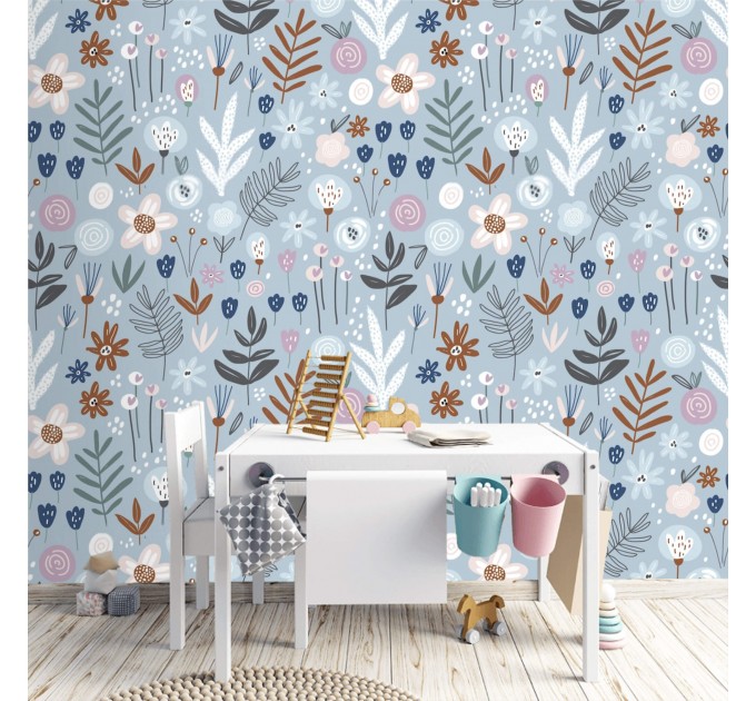 Floral wallpaper blue Girls nursery Peel and stick removable or Traditional non woven accent wallpaper