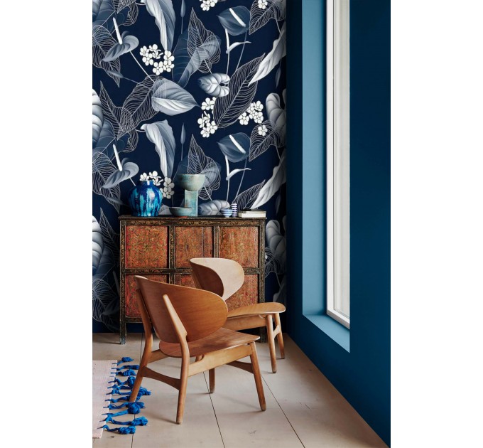 Floral wallpaper dark blue white flowers Peel and stick removable or Traditional non woven accent wallpaper