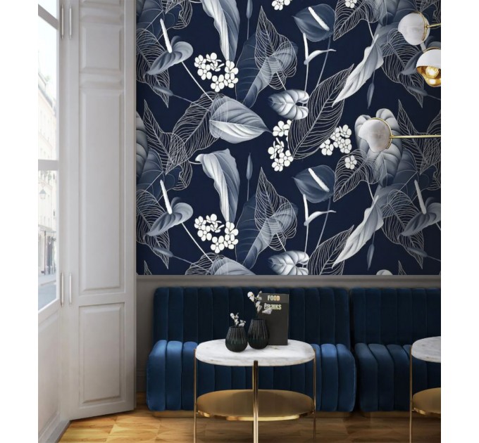 Floral wallpaper dark blue white flowers Peel and stick removable or Traditional non woven accent wallpaper