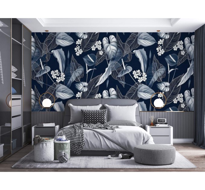 Floral wallpaper dark blue white flowers Peel and stick removable or Traditional non woven accent wallpaper