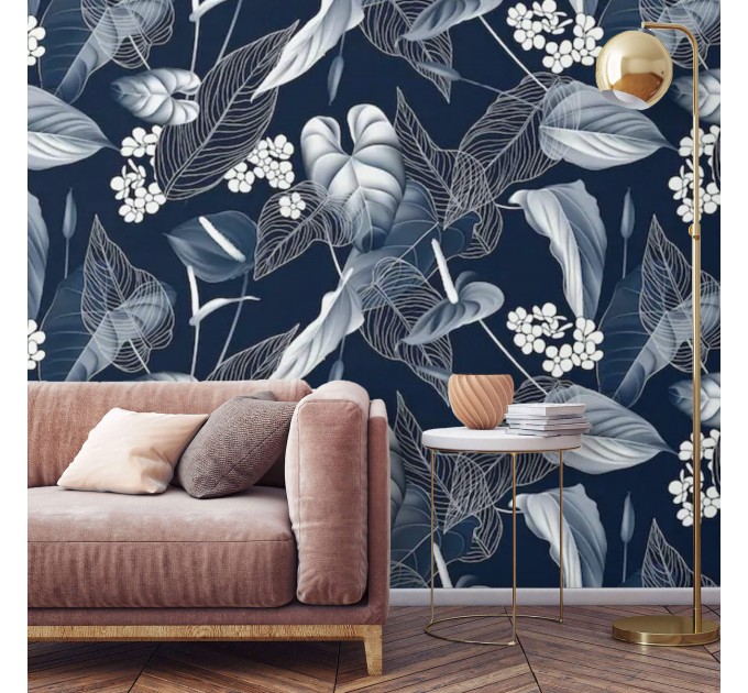 Floral wallpaper dark blue white flowers Peel and stick removable or Traditional non woven accent wallpaper