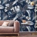 Floral wallpaper dark blue white flowers Peel and stick removable or Traditional non woven accent wallpaper