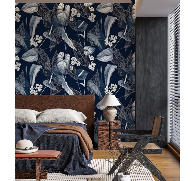 Floral wallpaper dark blue white flowers Peel and stick removable or Traditional non woven accent wallpaper