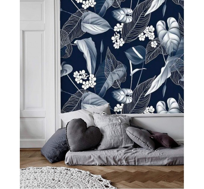 Floral wallpaper dark blue white flowers Peel and stick removable or Traditional non woven accent wallpaper