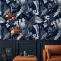 Floral wallpaper dark blue white flowers Peel and stick removable or Traditional non woven accent wallpaper