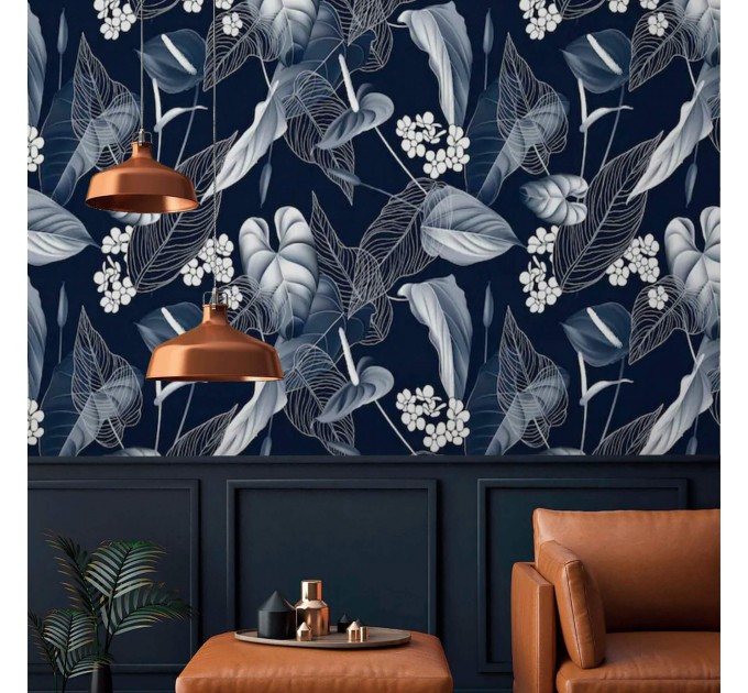 Floral wallpaper dark blue white flowers Peel and stick removable or Traditional non woven accent wallpaper