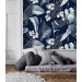 Floral wallpaper dark blue white flowers Peel and stick removable or Traditional non woven accent wallpaper