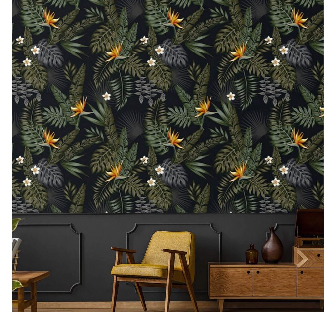 Tropical wallpaper leaves and flowers on dark Peel and stick or Traditional accent wallpaper botanical 