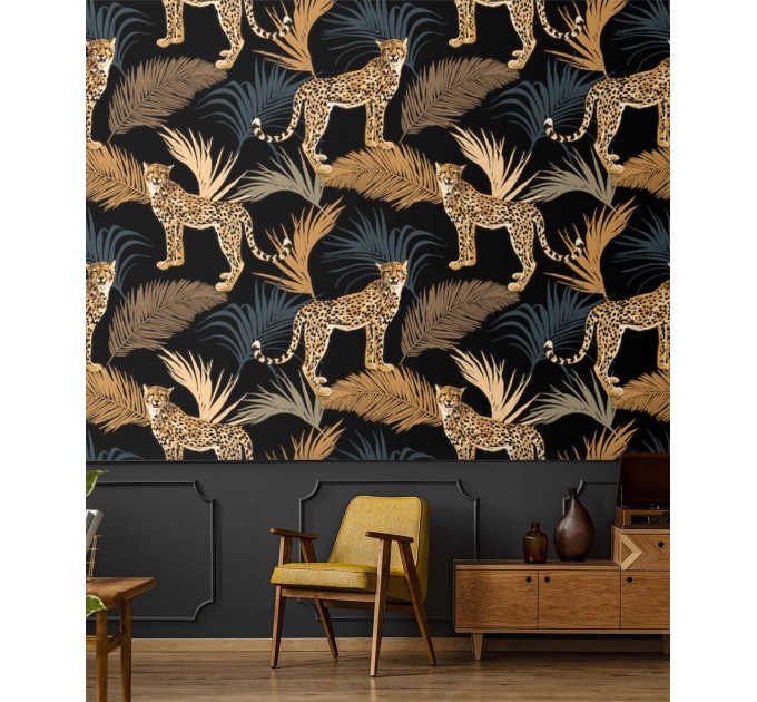 Tropical wild animals wallpaper with jaguars Peel and stick removable or Traditional non woven wallpaper palm leaves