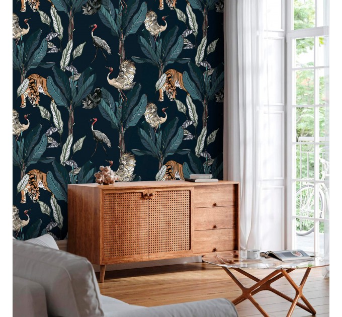 Wallpaper tigers and birds in dark jungle Peel and stick removable or Traditional accent wallpaper