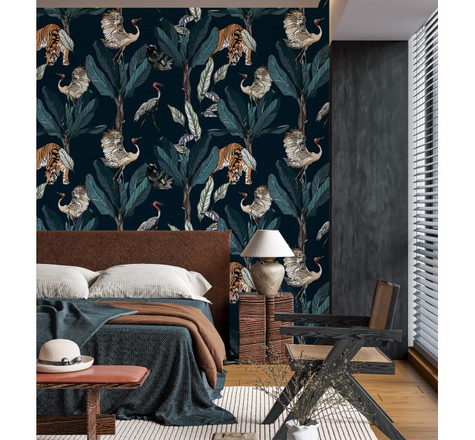 Wallpaper tigers and birds in dark jungle Peel and stick removable or Traditional accent wallpaper