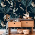 Wallpaper tigers and birds in dark jungle Peel and stick removable or Traditional accent wallpaper