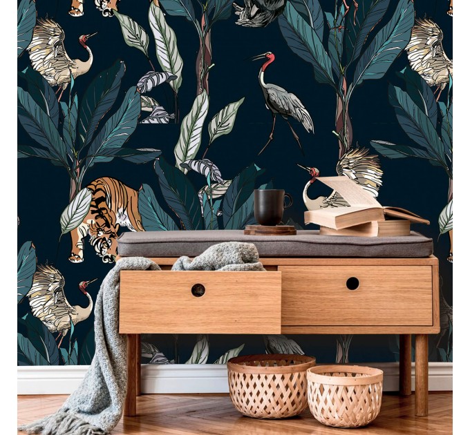 Wallpaper tigers and birds in dark jungle Peel and stick removable or Traditional accent wallpaper