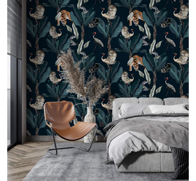 Wallpaper tigers and birds in dark jungle Peel and stick removable or Traditional accent wallpaper