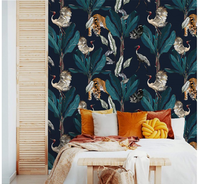 Wallpaper tigers and birds in dark jungle Peel and stick removable or Traditional accent wallpaper