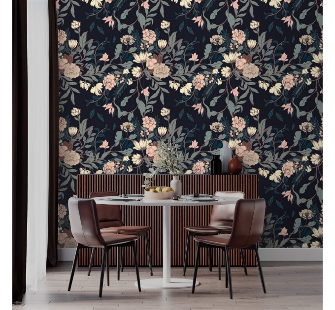 Dark floral wallpaper elegant flowers Peel and stick removable or traditional non woven