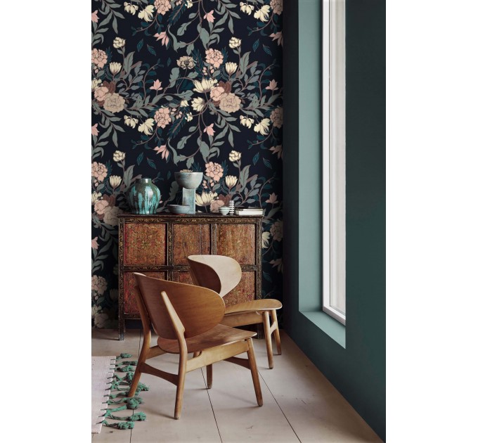 Dark floral wallpaper elegant flowers Peel and stick removable or traditional non woven