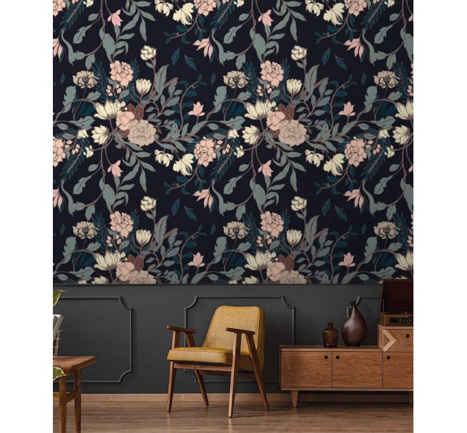 Dark floral wallpaper elegant flowers Peel and stick removable or traditional non woven