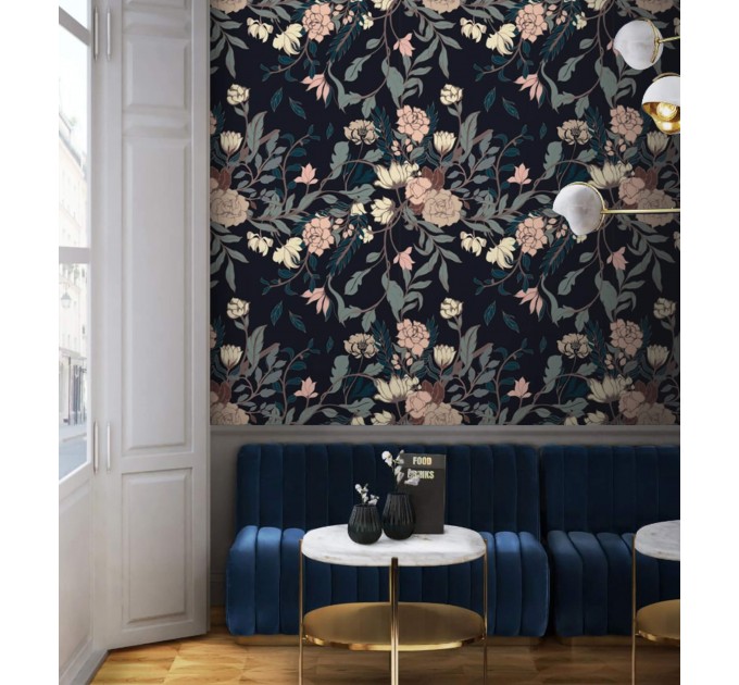 Dark floral wallpaper elegant flowers Peel and stick removable or traditional non woven