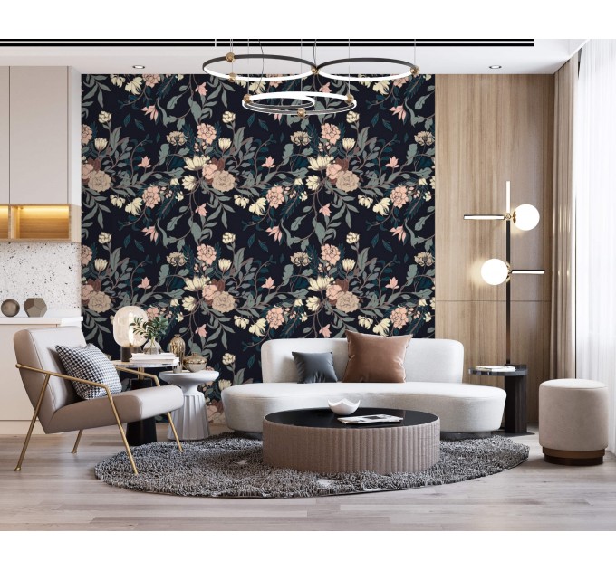 Dark floral wallpaper elegant flowers Peel and stick removable or traditional non woven