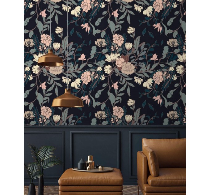 Dark floral wallpaper elegant flowers Peel and stick removable or traditional non woven